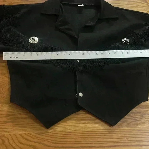 Fringe, cropped, hand painted feather sleeves, 100% cotton denim button coat Med - Picture 9 of 9